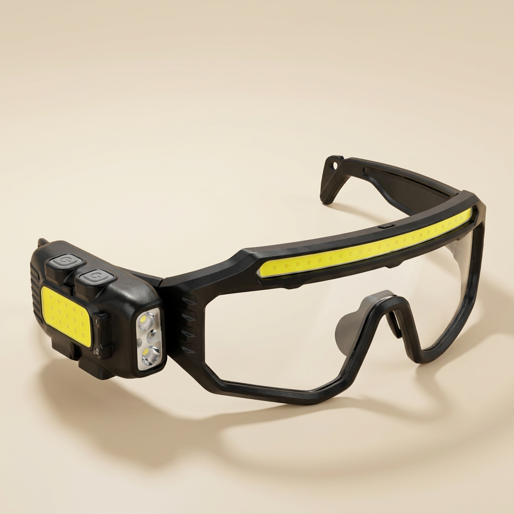 Gafas con luz LED sobre fondo claro cálido