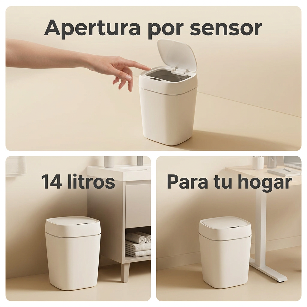 Collage ilustrativo: apertura por sensor, capacidad de 14 litros y uso en el hogar.