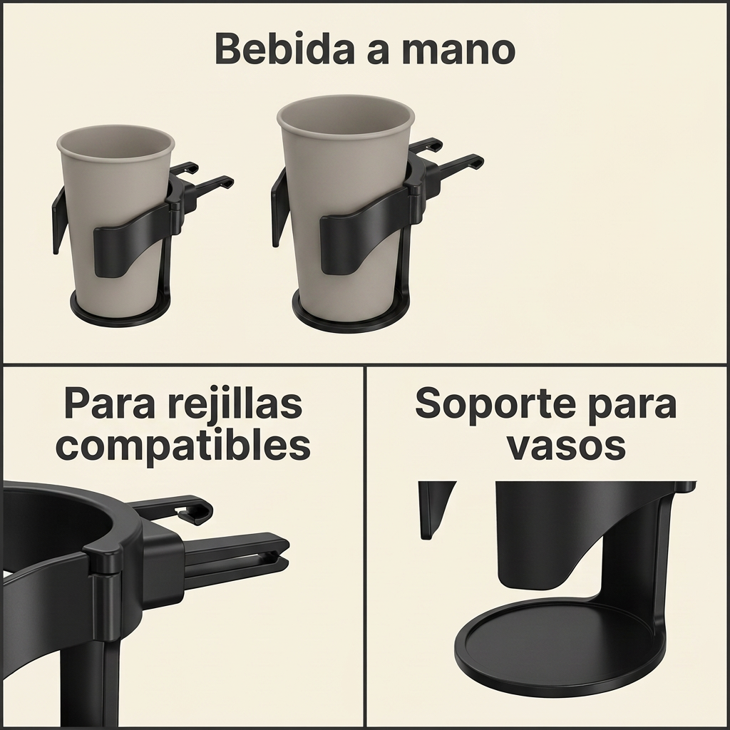 Collage ilustrativo: bebida a mano, rejillas compatibles y soporte para vasos.