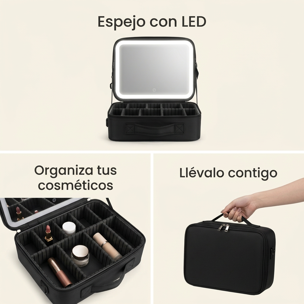 Collage ilustrativo: espejo LED, organización de cosméticos y transporte del estuche.