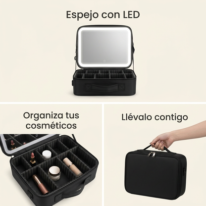 Collage ilustrativo: espejo LED, organización de cosméticos y transporte del estuche.