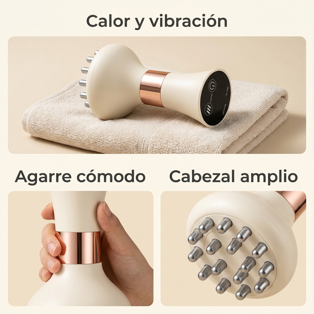 Collage ilustrativo: calor y vibración, agarre cómodo y cabezal amplio.