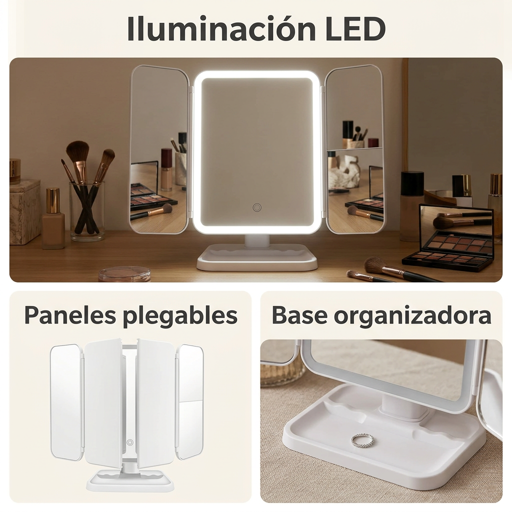 Collage ilustrativo: iluminación LED, paneles plegables y base organizadora.