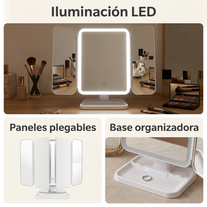 Collage ilustrativo: iluminación LED, paneles plegables y base organizadora.
