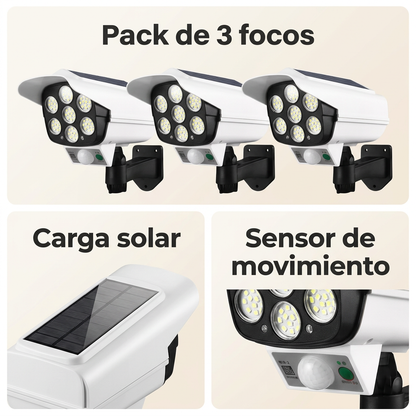 Collage ilustrativo: pack de tres focos, carga solar y sensor de movimiento.