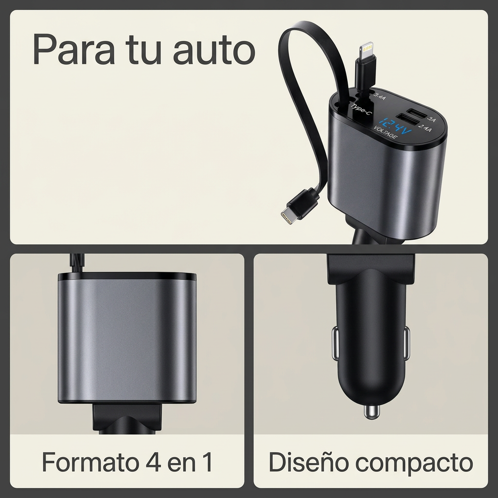Collage ilustrativo: cargador para auto, formato cuatro en uno y diseño compacto.