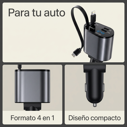 Collage ilustrativo: cargador para auto, formato cuatro en uno y diseño compacto.