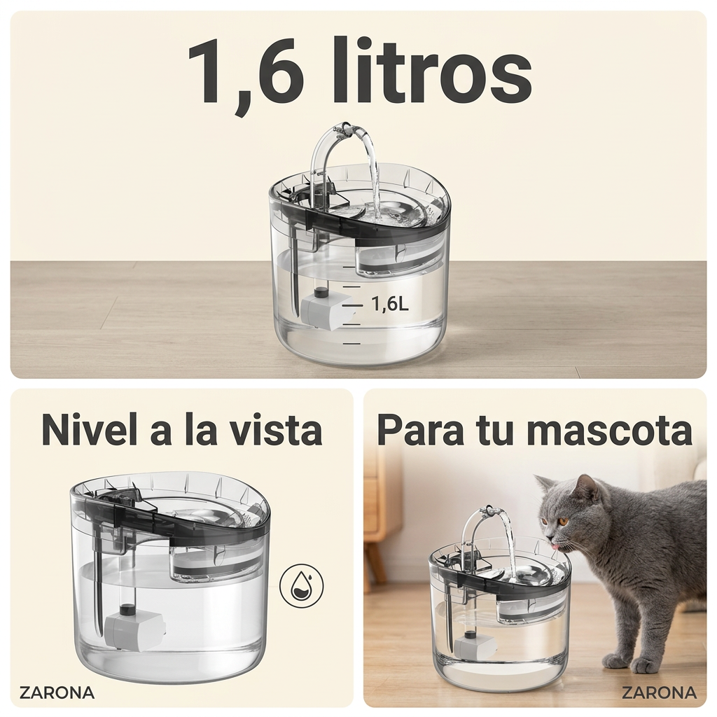 Collage ilustrativo: fuente de 1,6 litros, nivel visible y uso para mascotas.