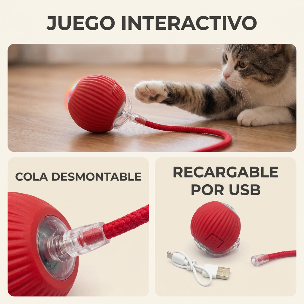 Collage ilustrativo: juego interactivo, cola desmontable y recarga USB.