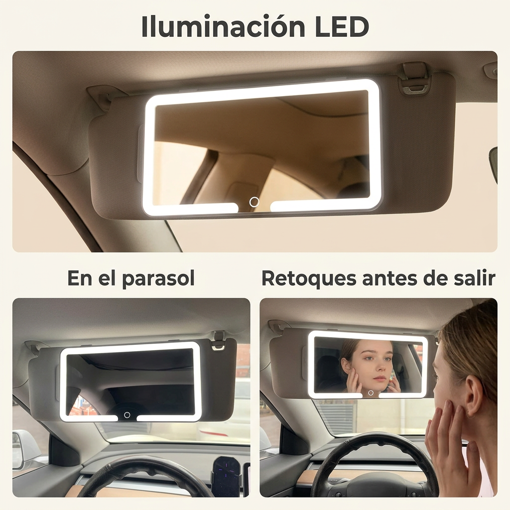 Collage ilustrativo: espejo LED en el parasol y retoques con el auto estacionado.