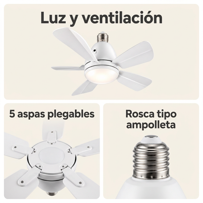 Collage ilustrativo: luz y ventilación, cinco aspas plegables y rosca tipo ampolleta.