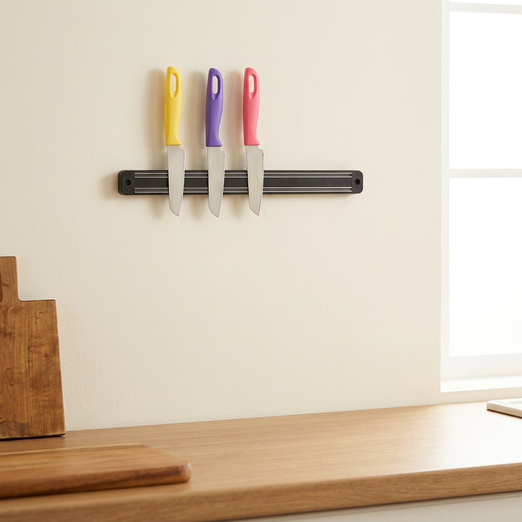 Soporte magnético instalado en cocina clara, cuchillos no incluidos