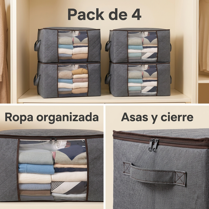 Collage ilustrativo: pack de cuatro organizadores, ropa organizada, asas y cierre.