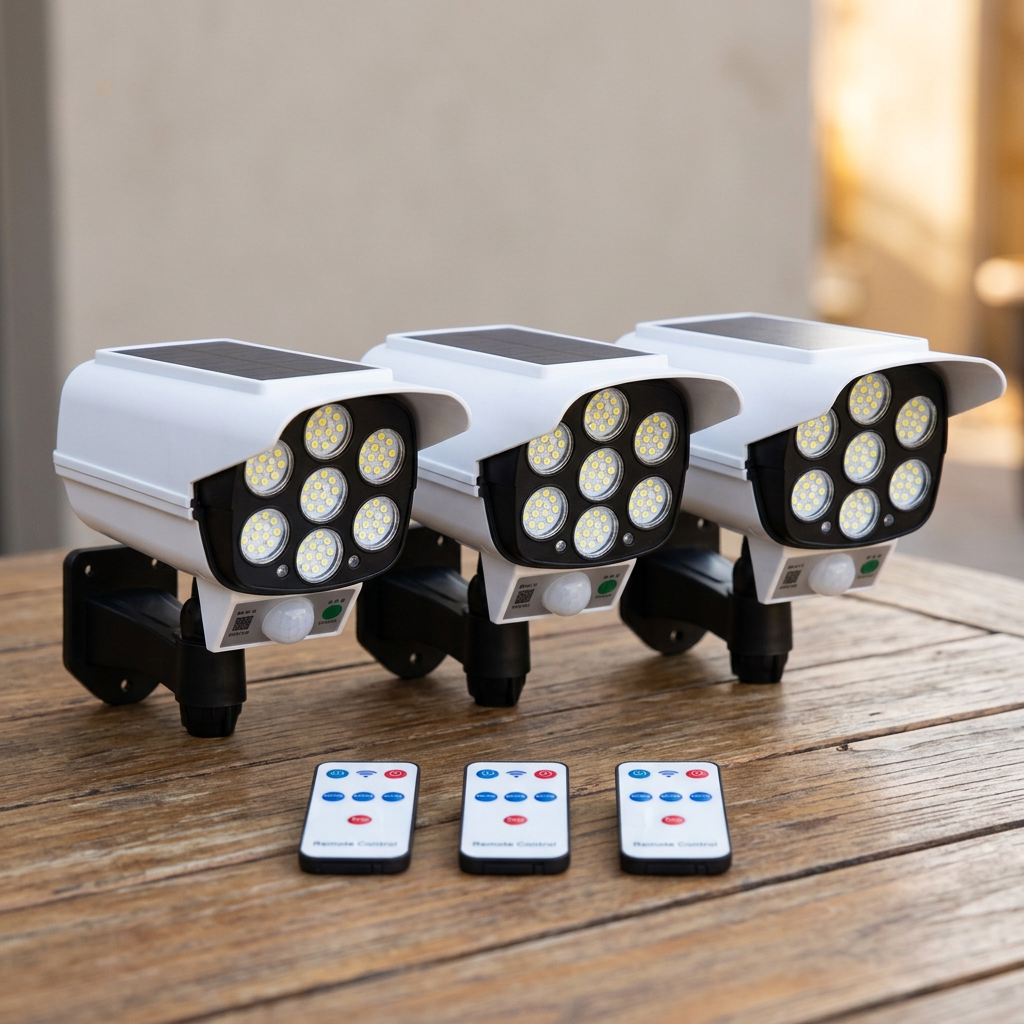 Pack de tres focos solares tipo cámara con sus controles sobre una mesa exterior, imagen ilustrativa.
