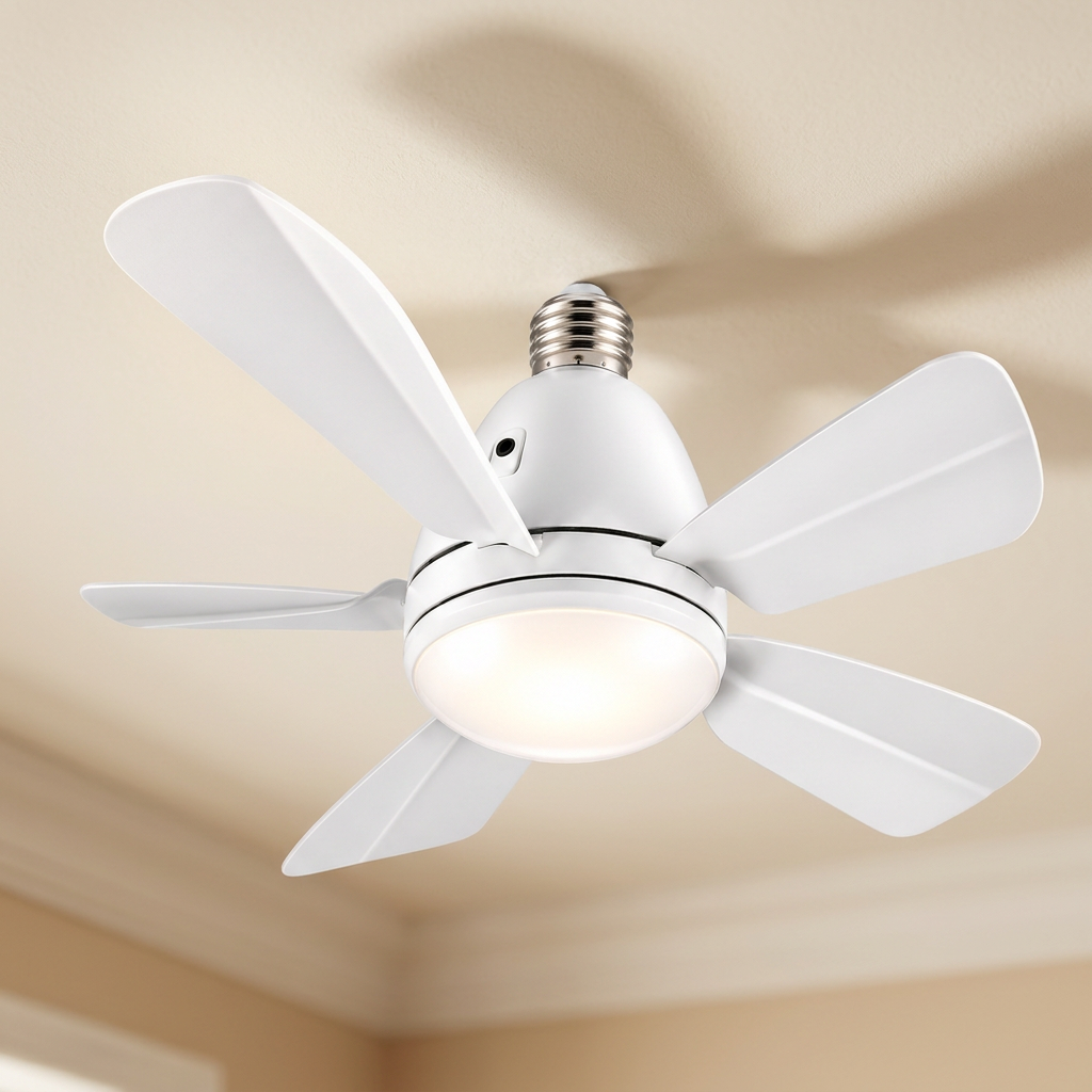 Ventilador blanco de cinco aspas con luz LED sobre fondo interior cálido, imagen ilustrativa.