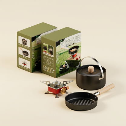Kit de cocina portátil con sus cajas sobre fondo claro cálido