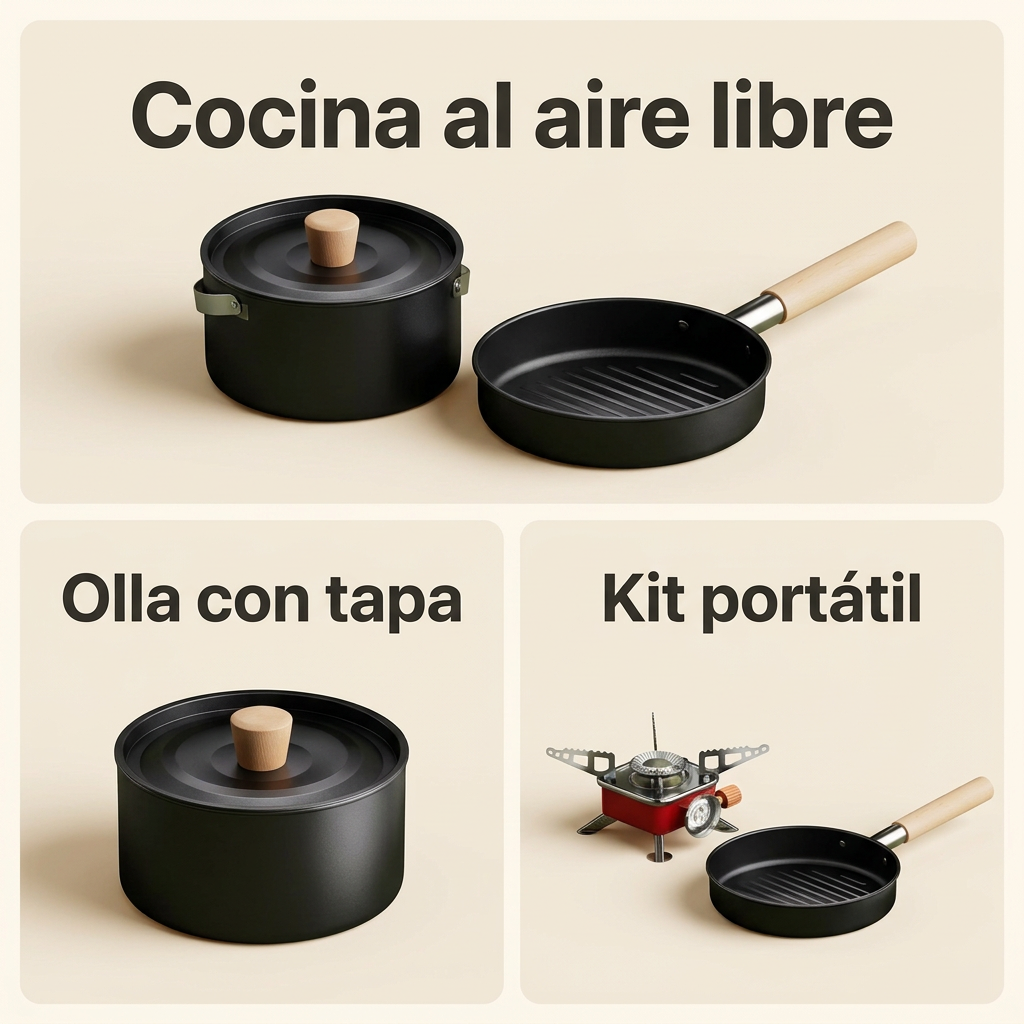 Kit de camping: olla con tapa, sartén acanalada y hornillo