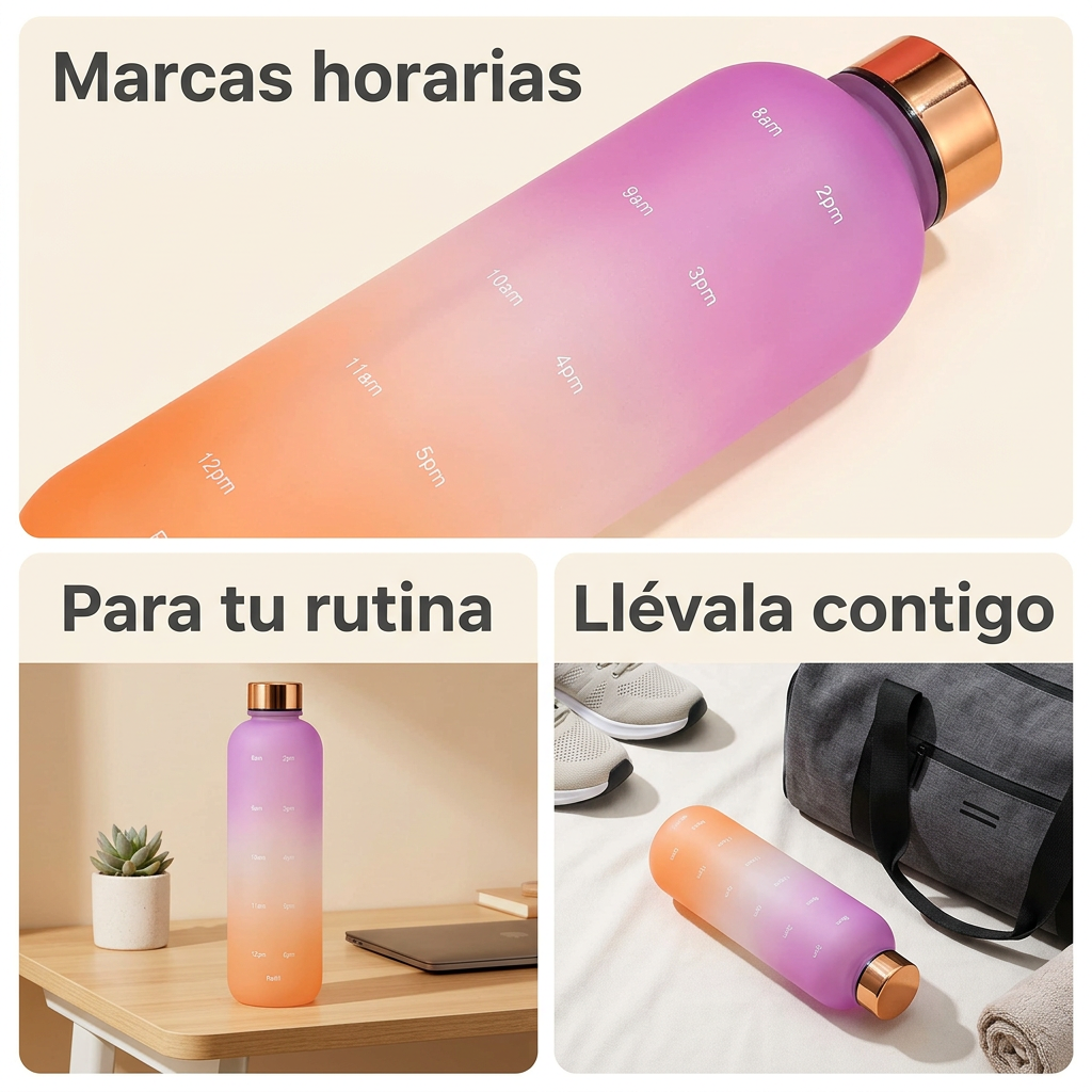 Collage ilustrativo: marcas horarias, uso cotidiano y transporte de la botella.