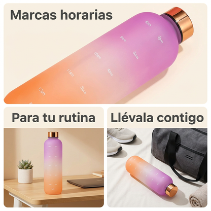 Collage ilustrativo: marcas horarias, uso cotidiano y transporte de la botella.