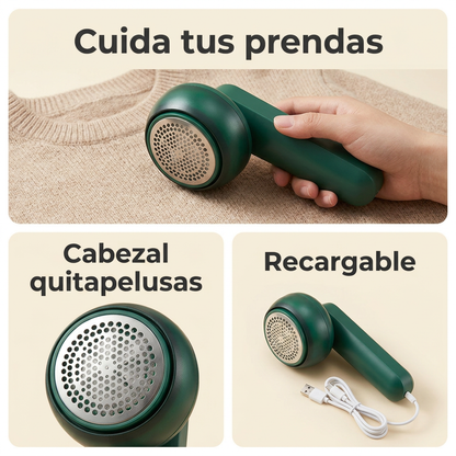 Collage ilustrativo: cuidado de prendas, cabezal quitapelusas y sistema recargable.
